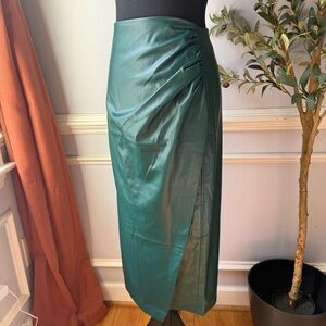 Jason Wu Emerald Green Faux Leather Ruched Wrap Midi Skirt M